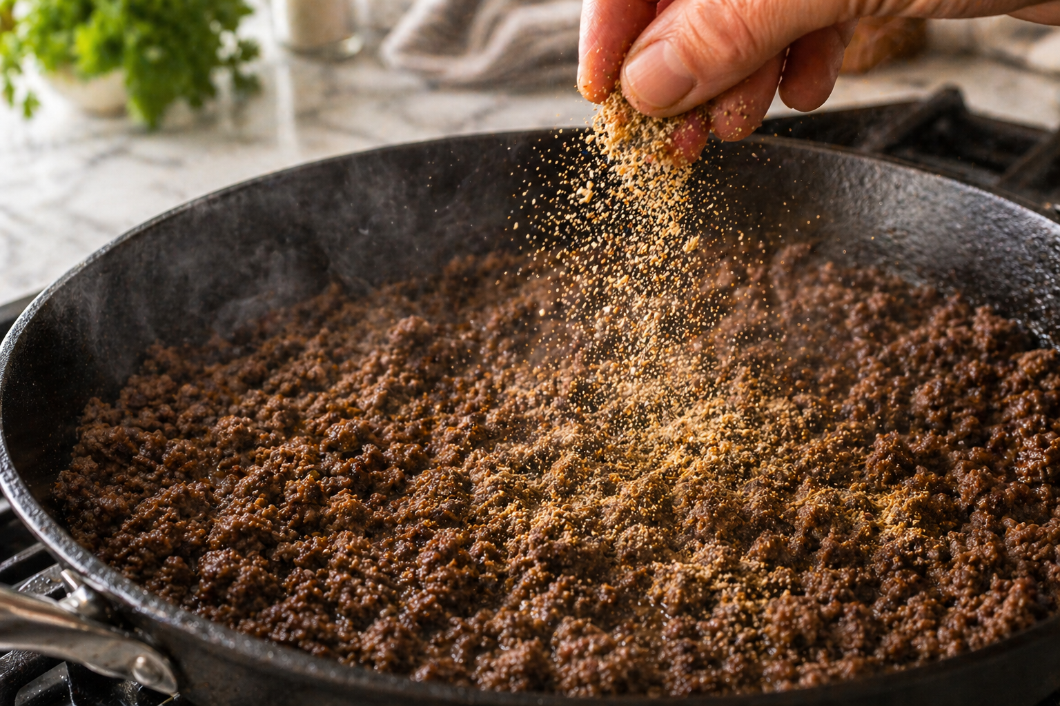 Spices being added to browned ground beef in a skillet — garlic powder, onion powder and cumin coating the meat
