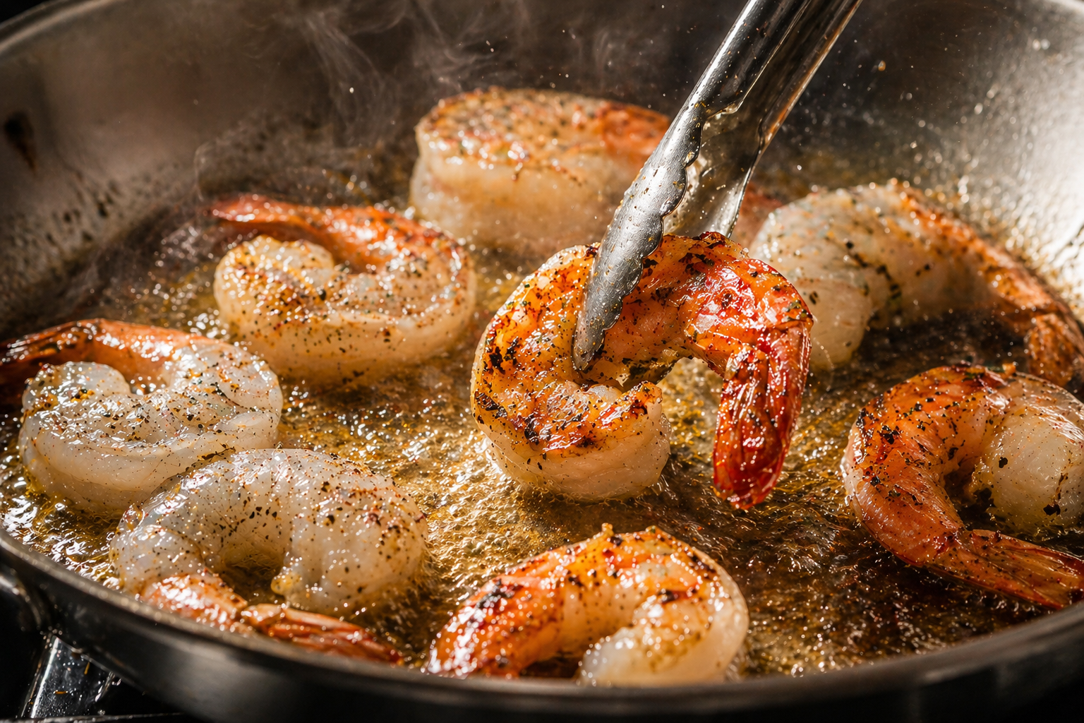 Shrimp searing in a hot skillet with olive oil — pink and golden