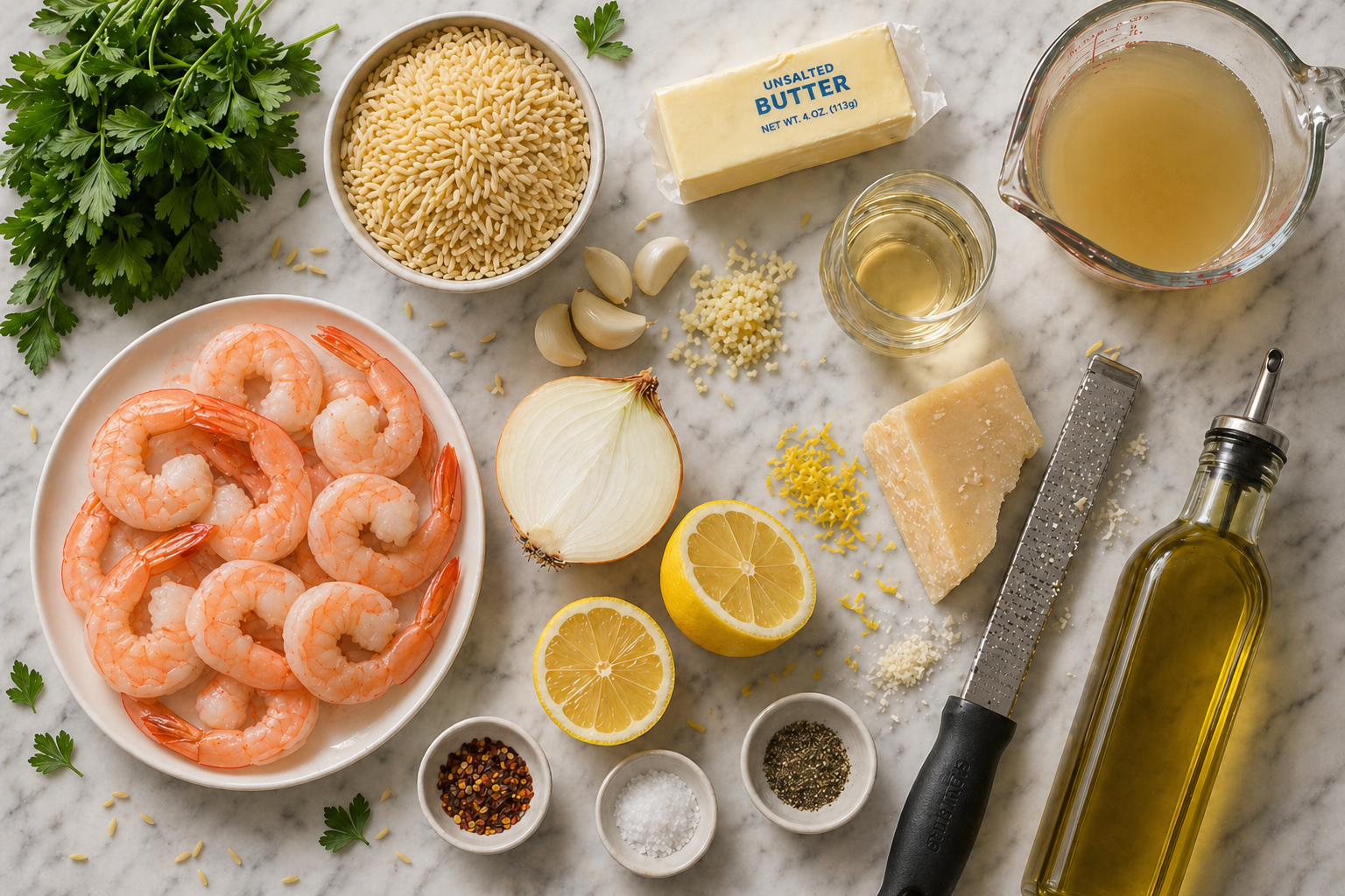 All ingredients for one-pot shrimp and orzo laid out: shrimp, orzo, butter, garlic, lemon, broth, parmesan and herbs