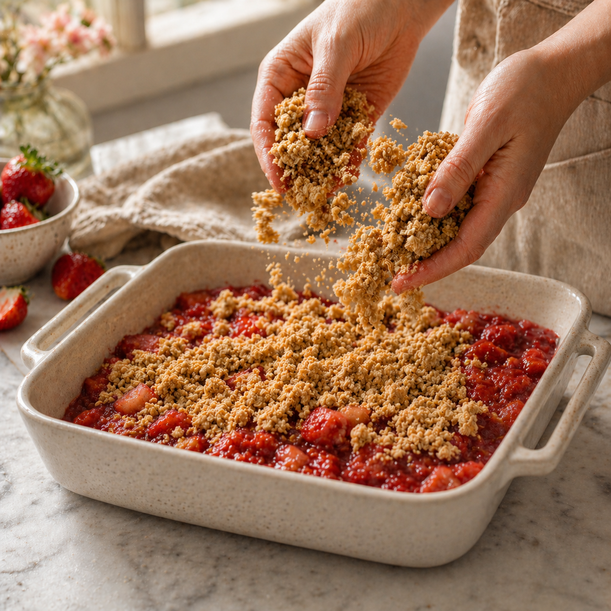 Oat crumble topping sprinkled over strawberry rhubarb filling in baking dish