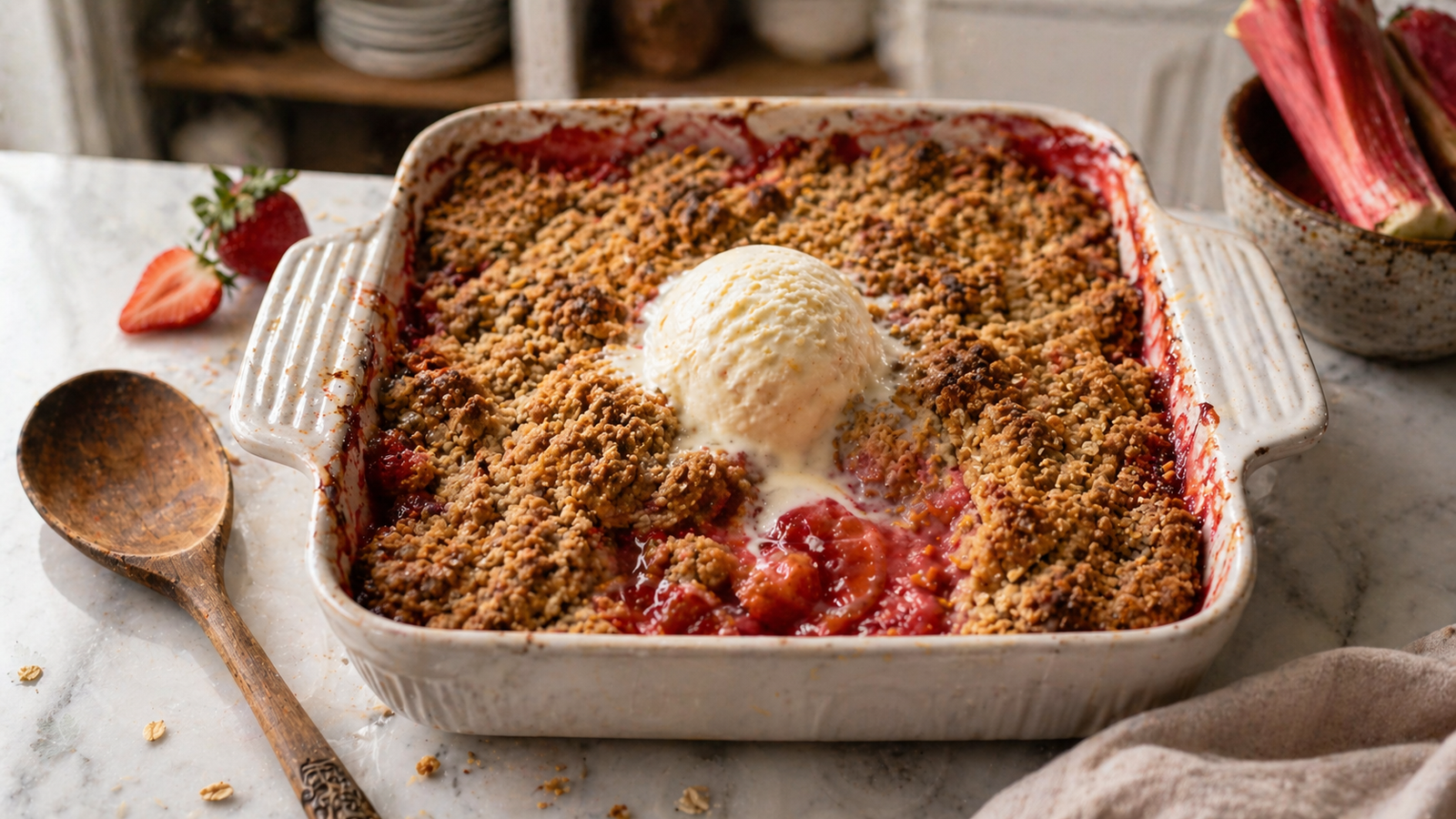 Close-up of strawberry rhubarb crisp with golden oat topping fresh from the oven
