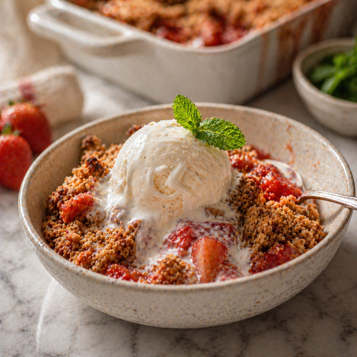 Plated strawberry rhubarb crisp served warm with a scoop of vanilla ice cream