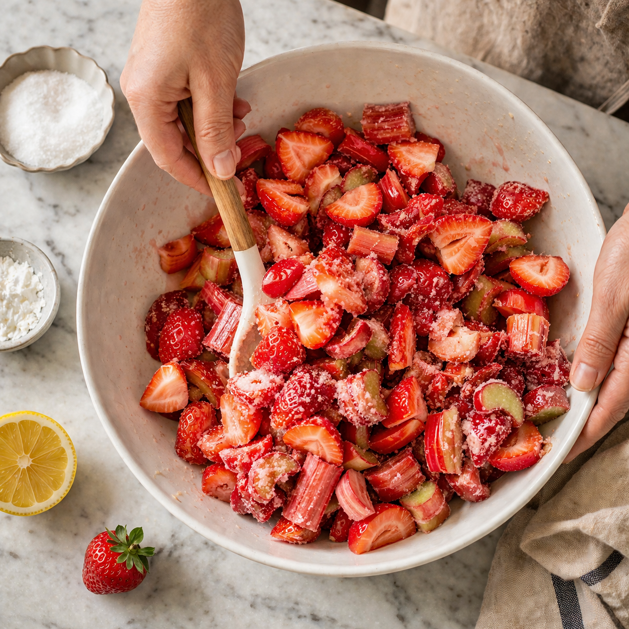 Strawberries and rhubarb mixed with sugar and cornstarch in a baking dish
