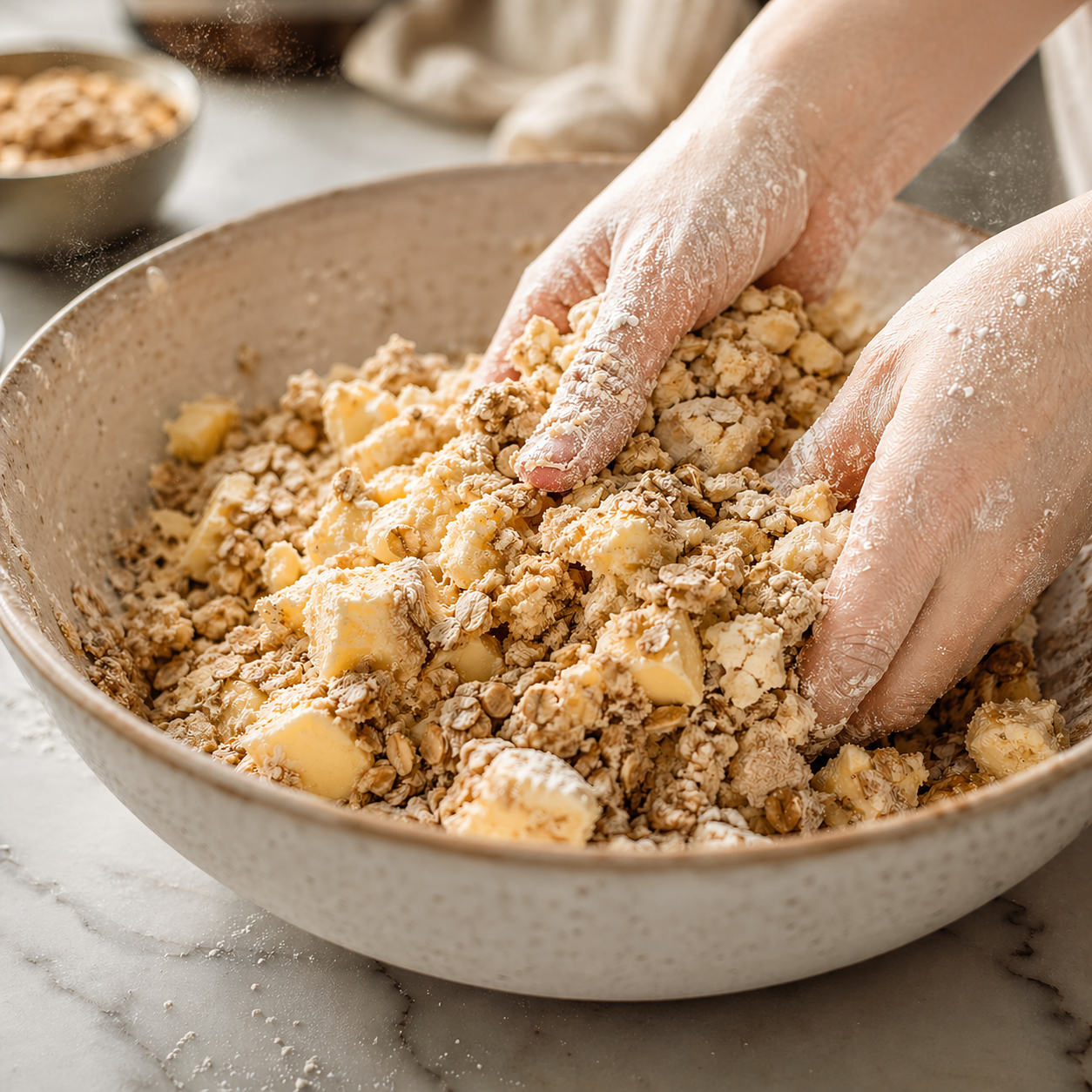 Oat and butter crisp topping mixture with chunky clumps in a bowl