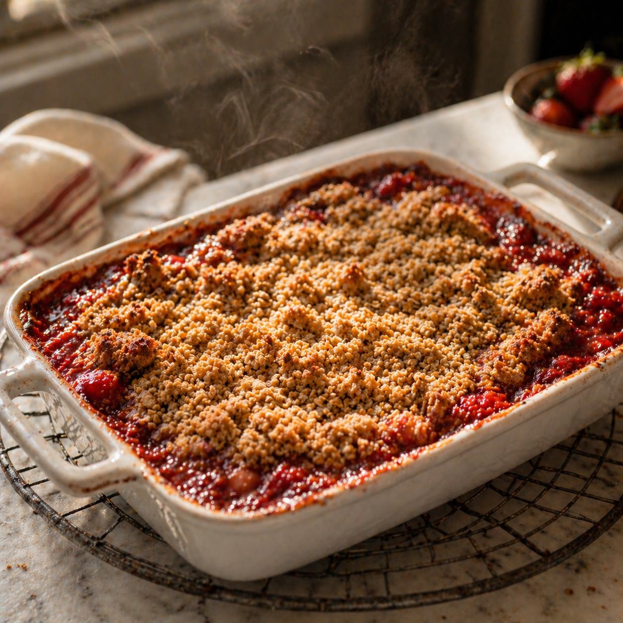 Strawberry rhubarb crisp baking in oven with golden brown topping and bubbling fruit