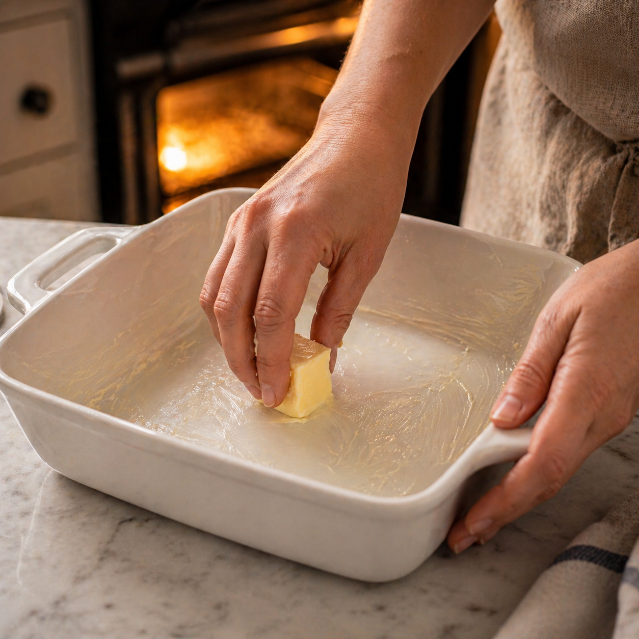 Buttered 9x9 baking dish ready for strawberry rhubarb crisp