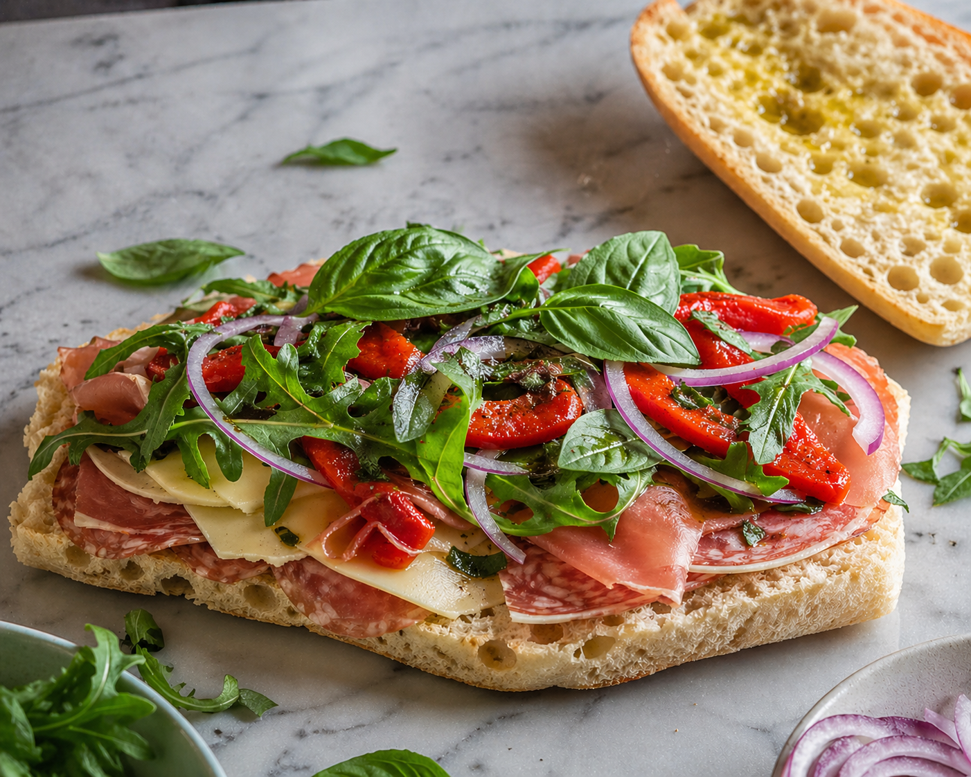 Beautiful layers of arugula, salami, prosciutto, provolone, roasted peppers and fresh basil on the ciabatta