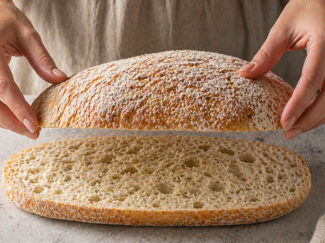 Ciabatta loaf sliced horizontally in half — ready to brush with herby oil and layer