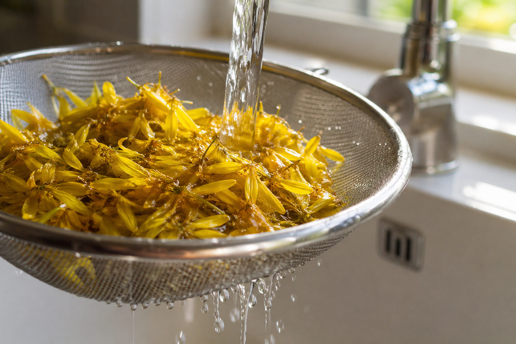 Fresh dandelion petals rinsed and separated with green bases removed — ready to simmer