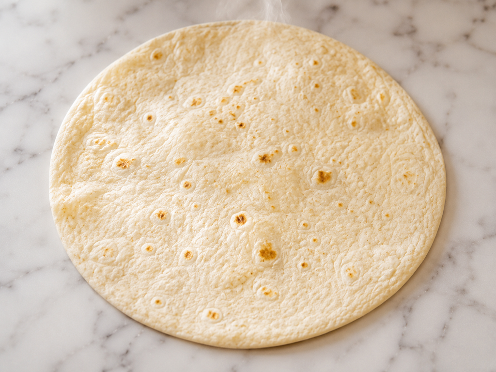 Large flour tortilla warmed in the microwave — pliable and ready to fold