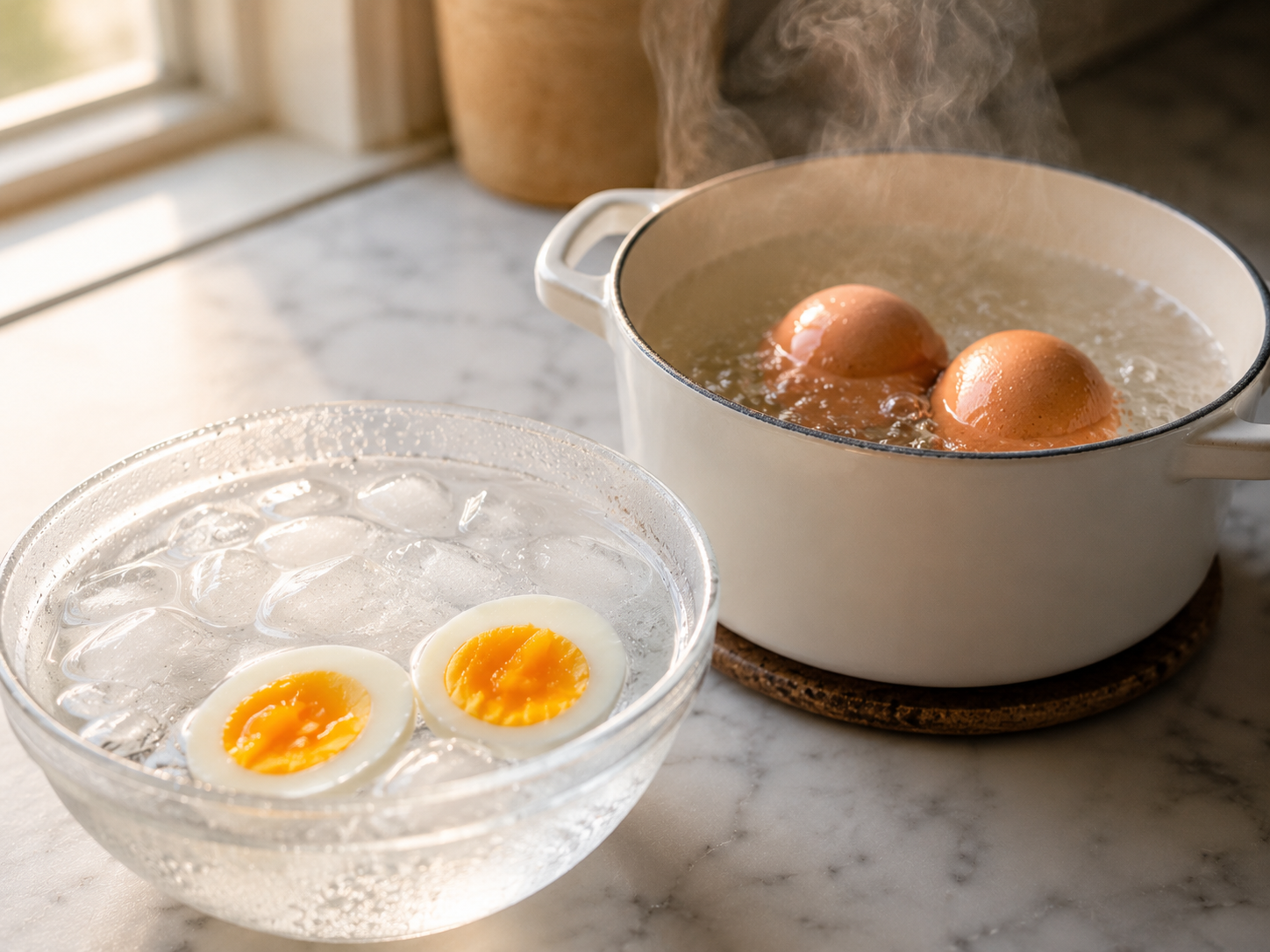 Hard boiled eggs in an ice bath — ready to peel and halve