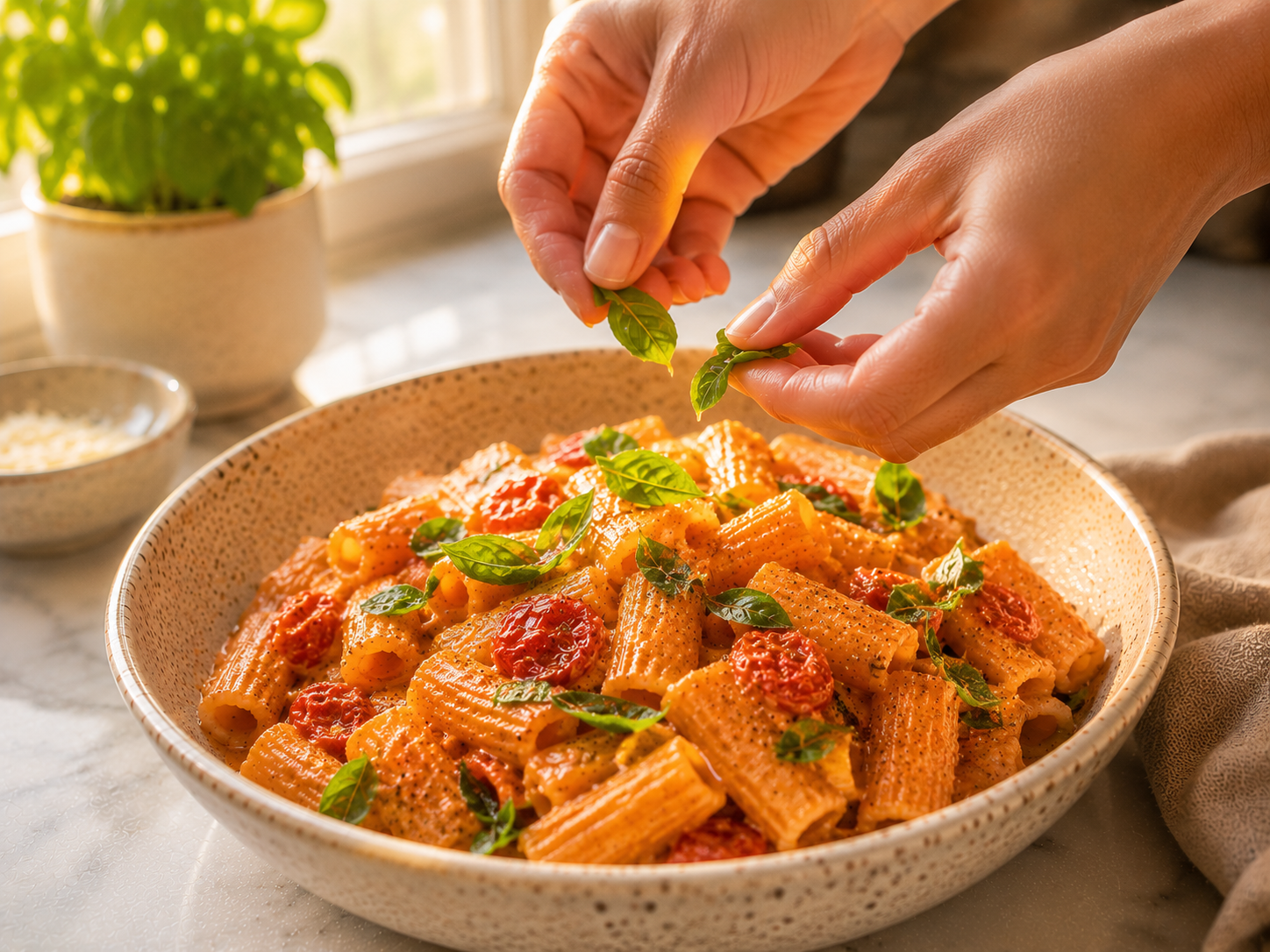 Finished baked feta pasta garnished with fresh basil and a drizzle of olive oil