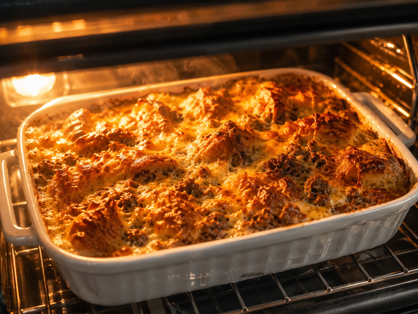 Croissant breakfast casserole baking in the oven — top turning golden and edges bubbling