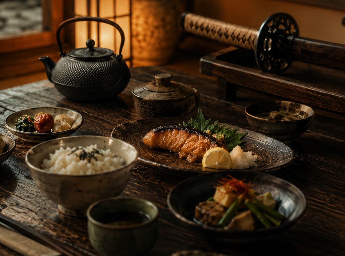 Ichiju sansai meal layout — rice bowl, miso soup, and three side dishes on a traditional Japanese tray