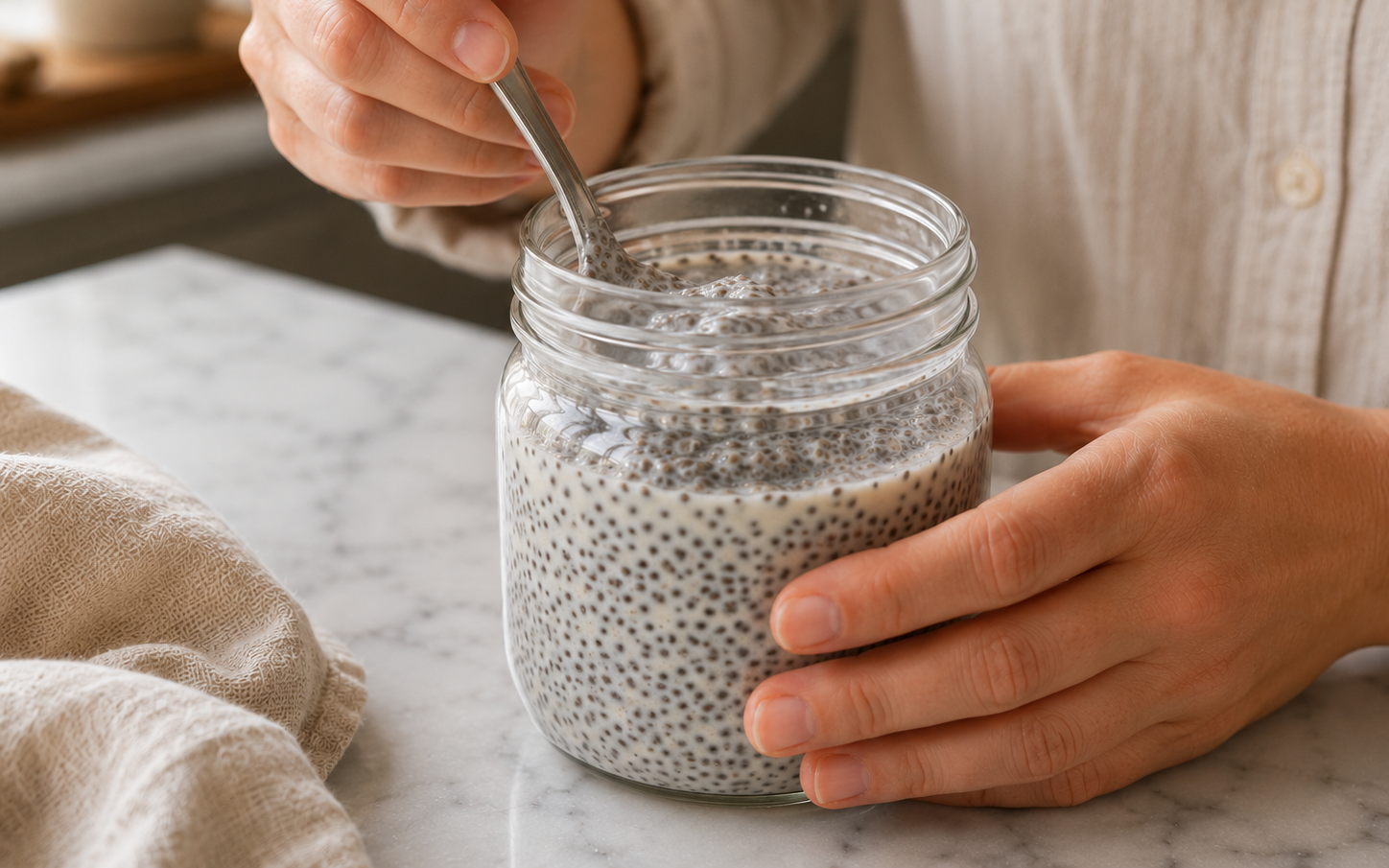 Stirring the chia mixture a second time after 10 minutes to prevent clumping