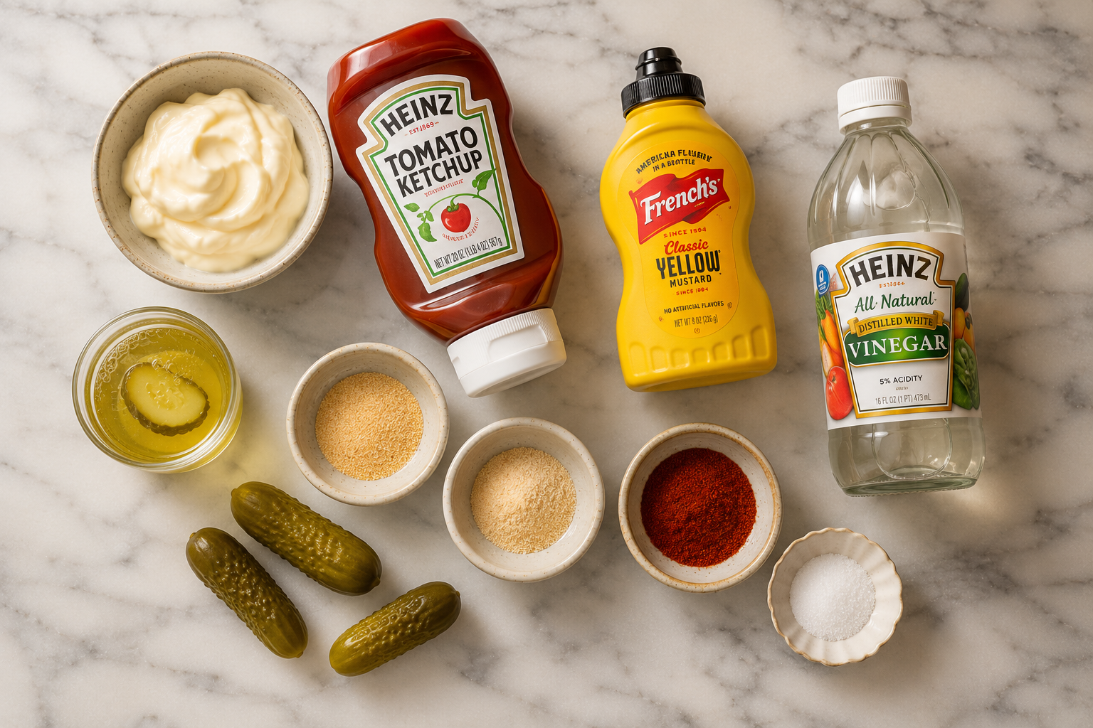 All smash burger sauce ingredients laid out — mayo, ketchup, mustard, pickle juice, spices and vinegar