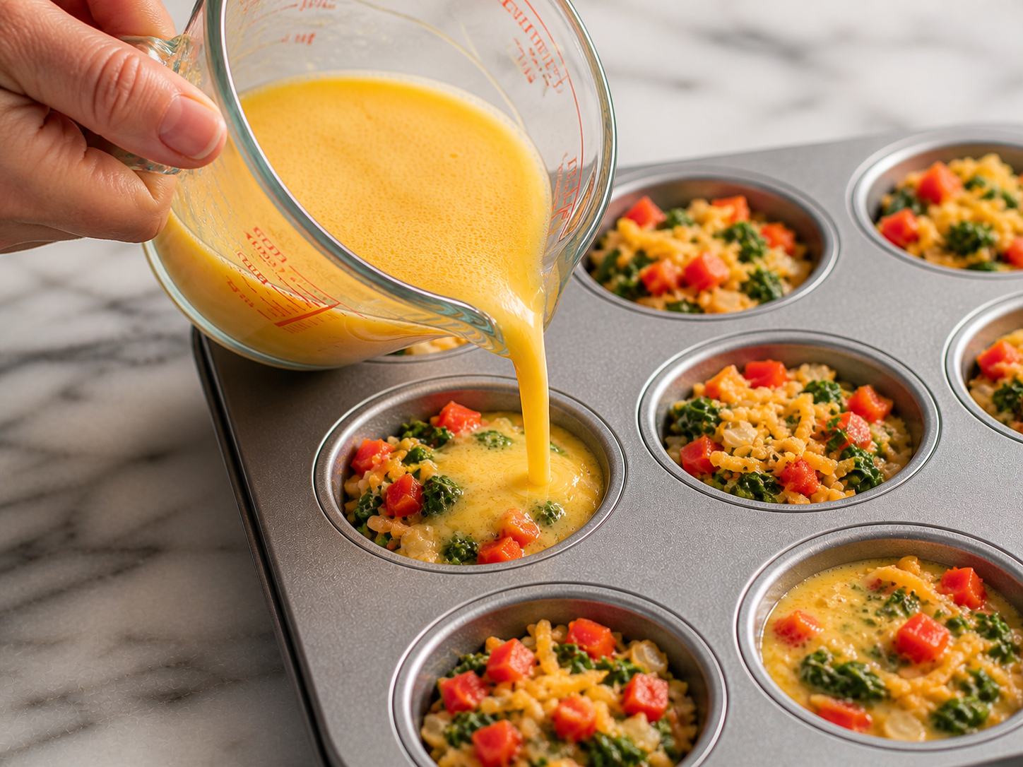 Whisked egg mixture being poured slowly over the vegetable fillings in each muffin cup — about ¾ full