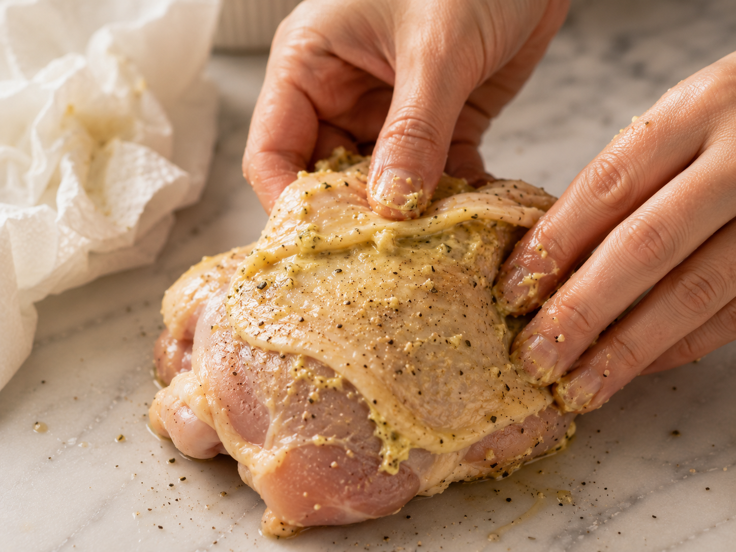 Chicken thighs coated all over with garlic parmesan butter — rubbed under the skin too