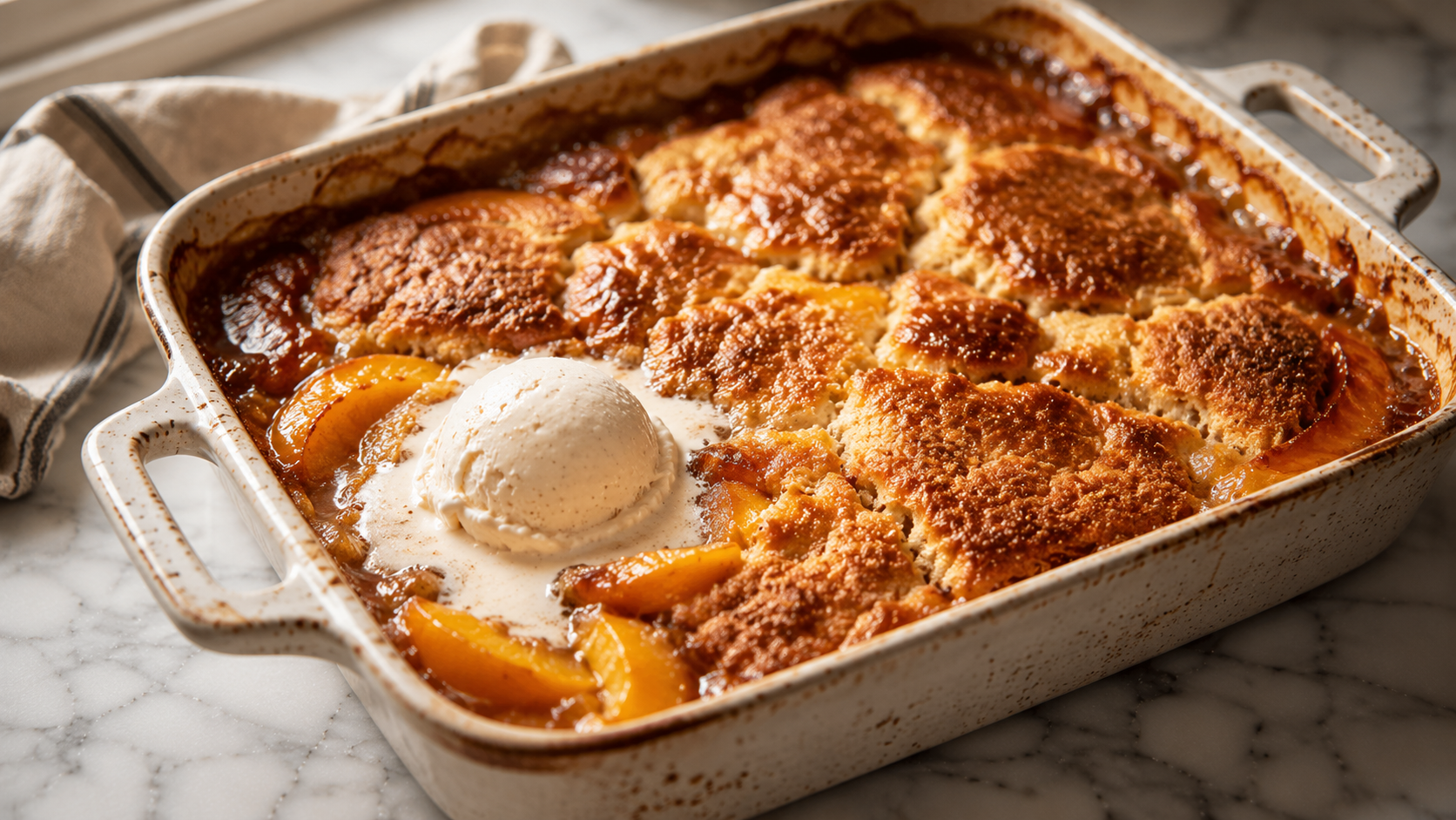 3 ingredient peach cobbler in a baking dish — golden bubbly crust with jammy peaches underneath, served warm