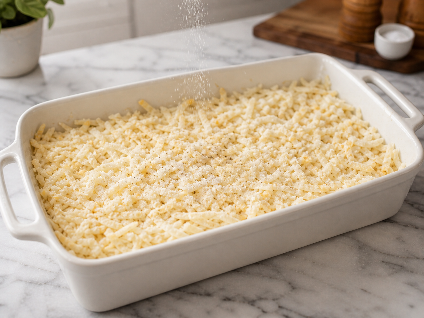 Thawed shredded hash browns spread in an even layer across a greased 9x13 baking dish