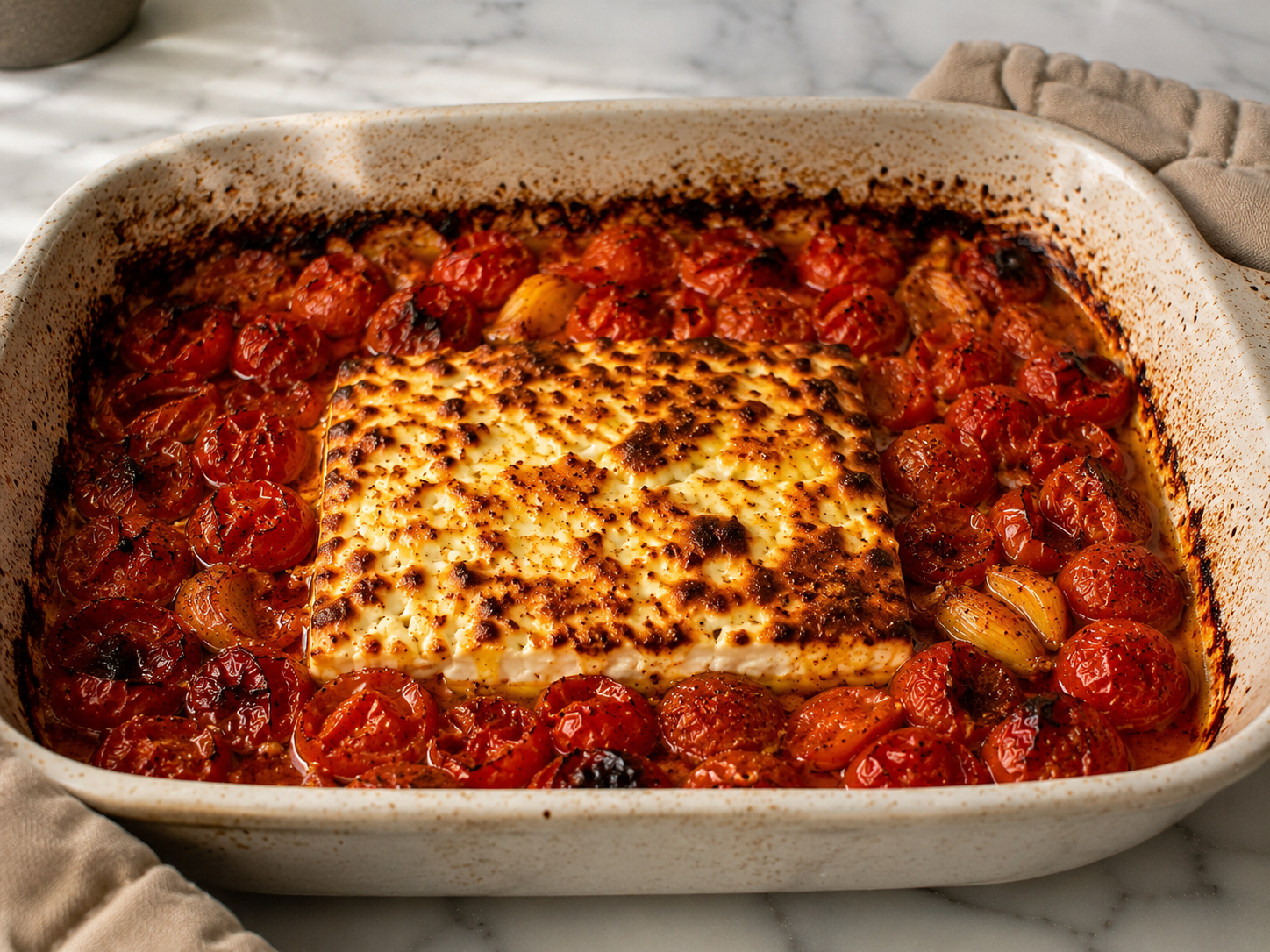Baking dish out of the oven — tomatoes blistered and bursting, feta golden and soft
