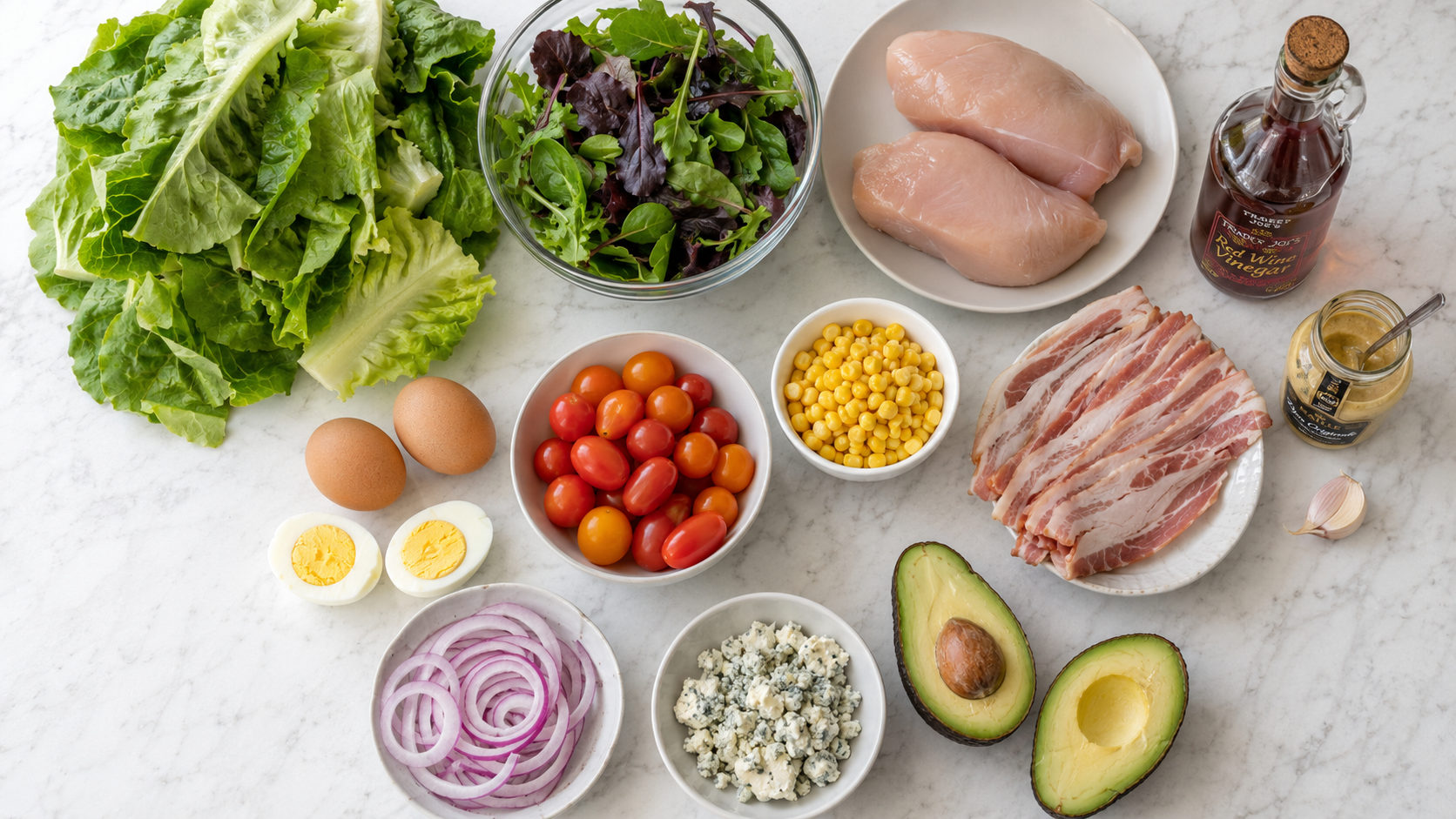 All cobb salad ingredients laid out — romaine, chicken, bacon, eggs, avocado, tomatoes, corn, red onion and blue cheese