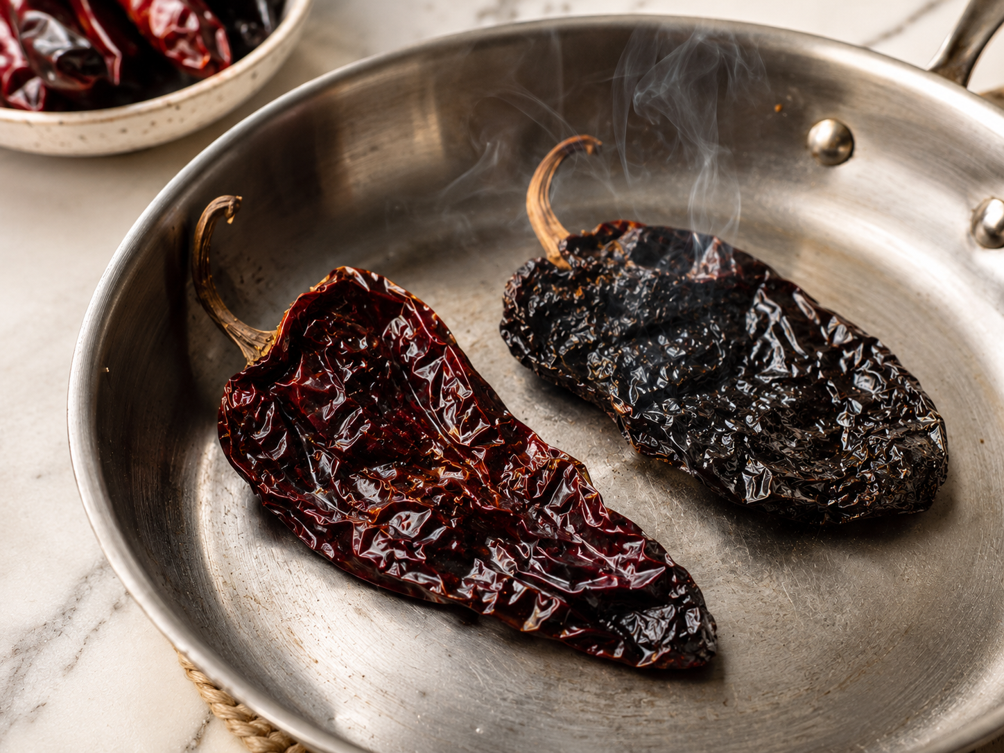 Guajillo and ancho chiles toasting in a dry skillet until fragrant