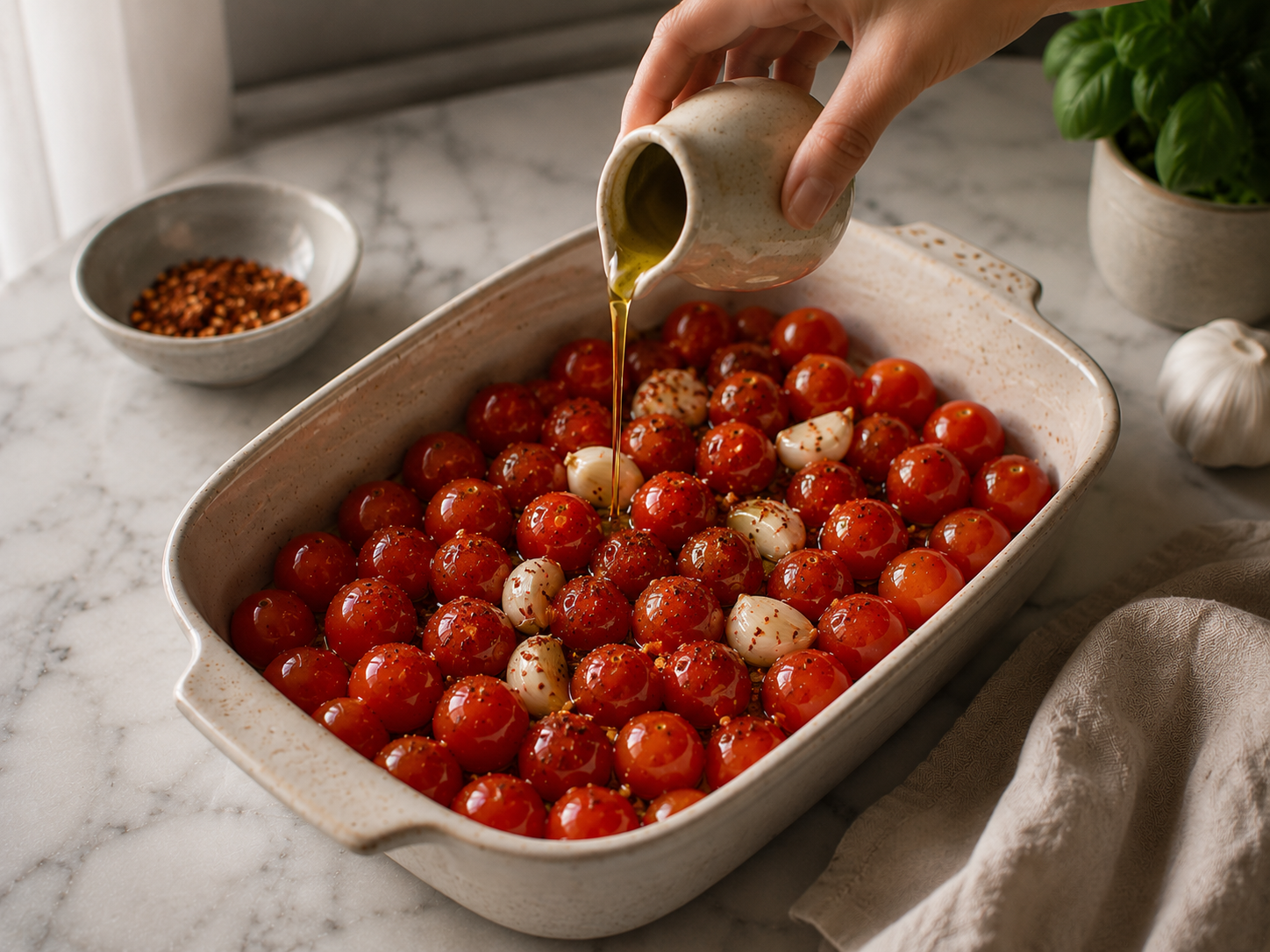 Cherry tomatoes and whole garlic cloves arranged in baking dish with olive oil and chili flakes