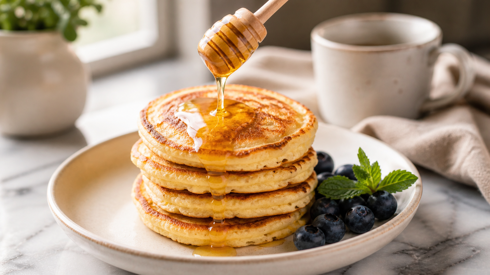 Stack of fluffy cottage cheese pancakes topped with fresh berries and a drizzle of maple syrup