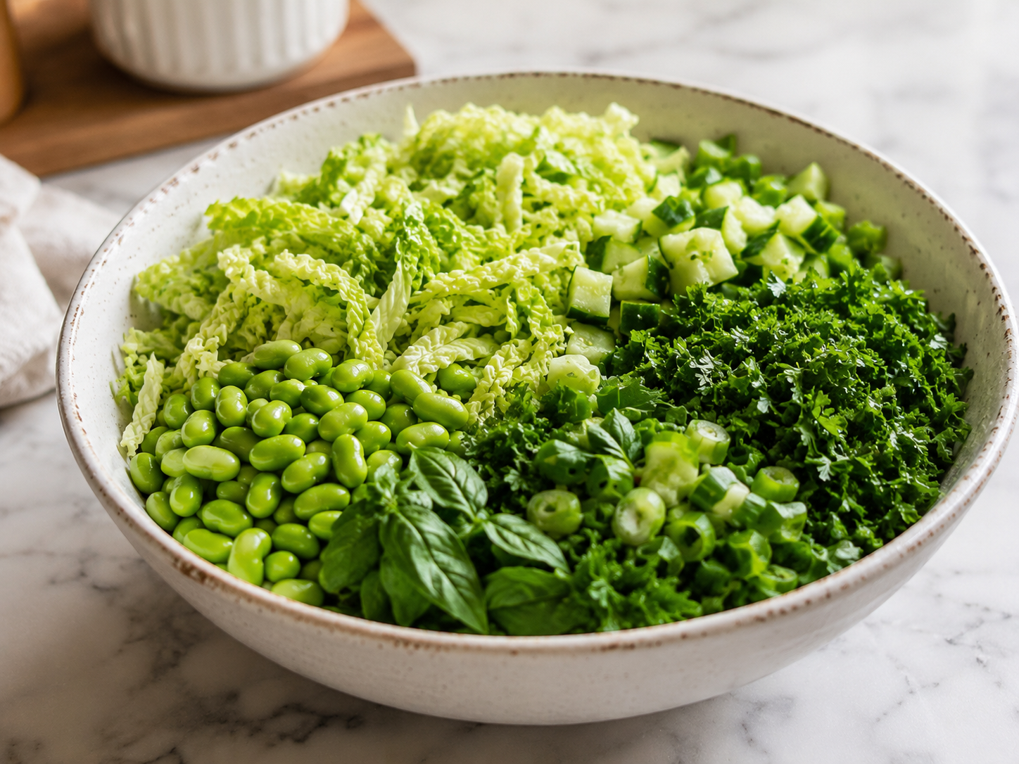 Green Goddess dressing being poured over the chopped salad vegetables in a large bowl