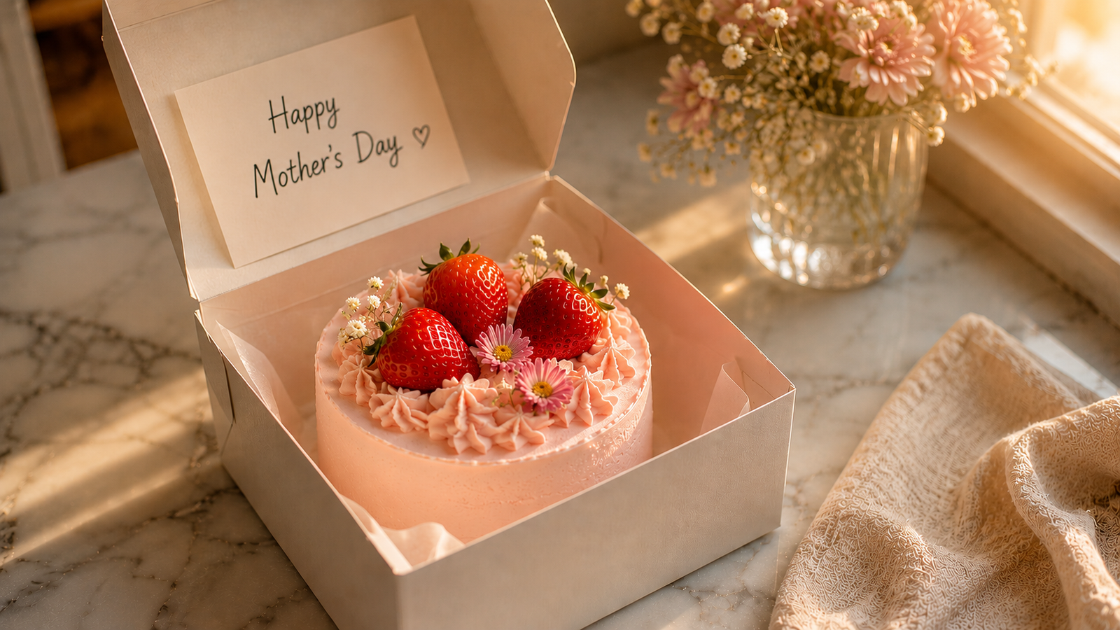 Decorated strawberry bento cake placed inside a small square kraft paper box — ready to gift