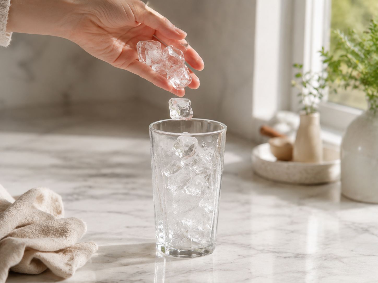 Tall clear glass filled generously with ice cubes — ready for the milk and matcha