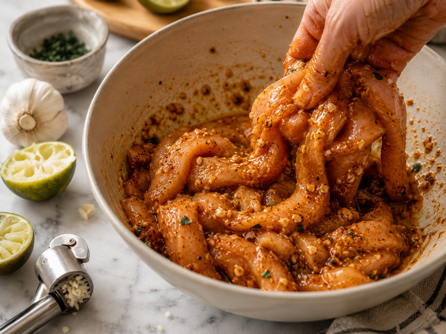 Chicken strips tossed in smoky marinade with lime juice, garlic and spices