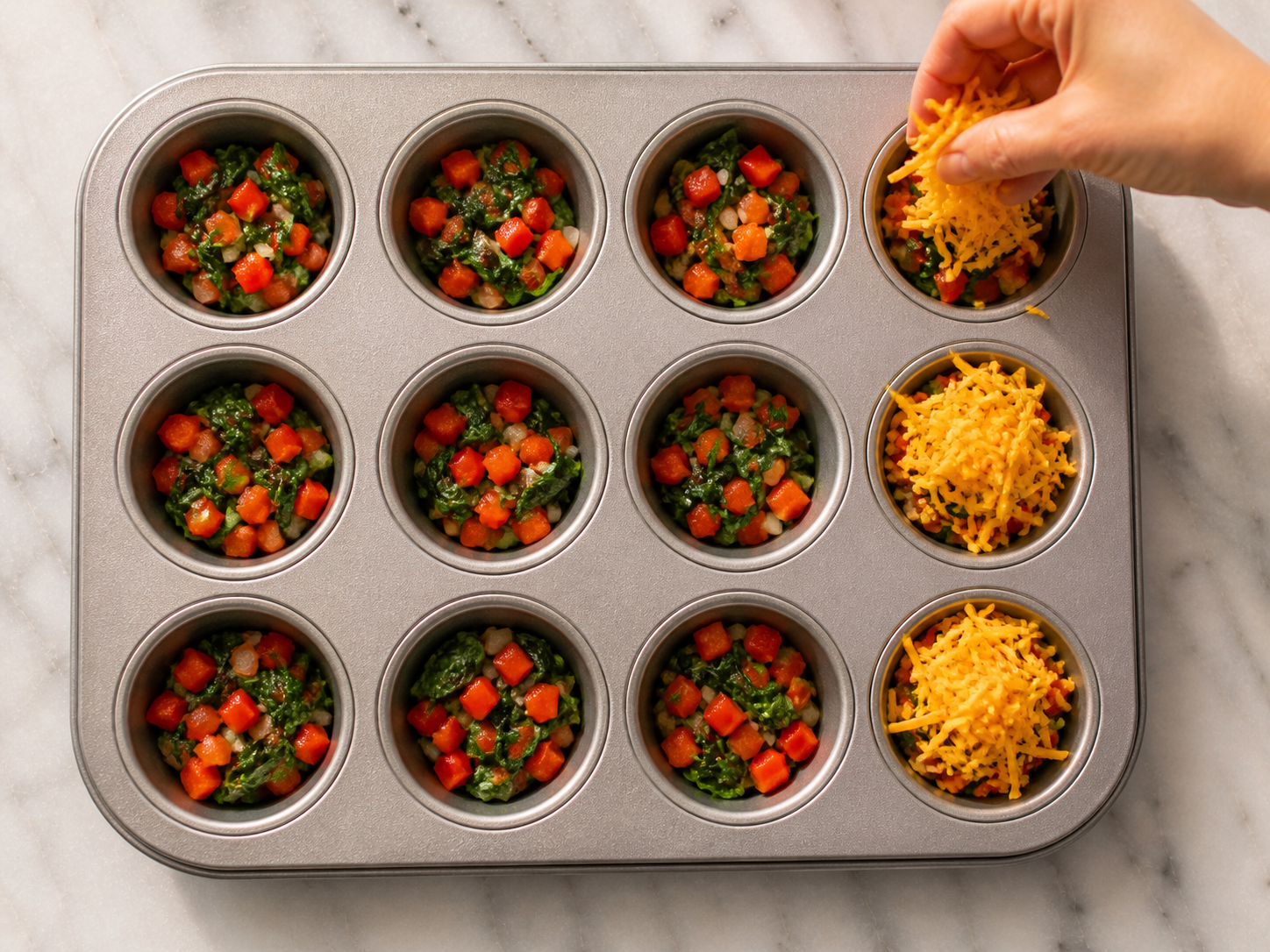 Muffin cups filled with diced bell pepper, spinach and onion — each topped with a pinch of shredded cheddar