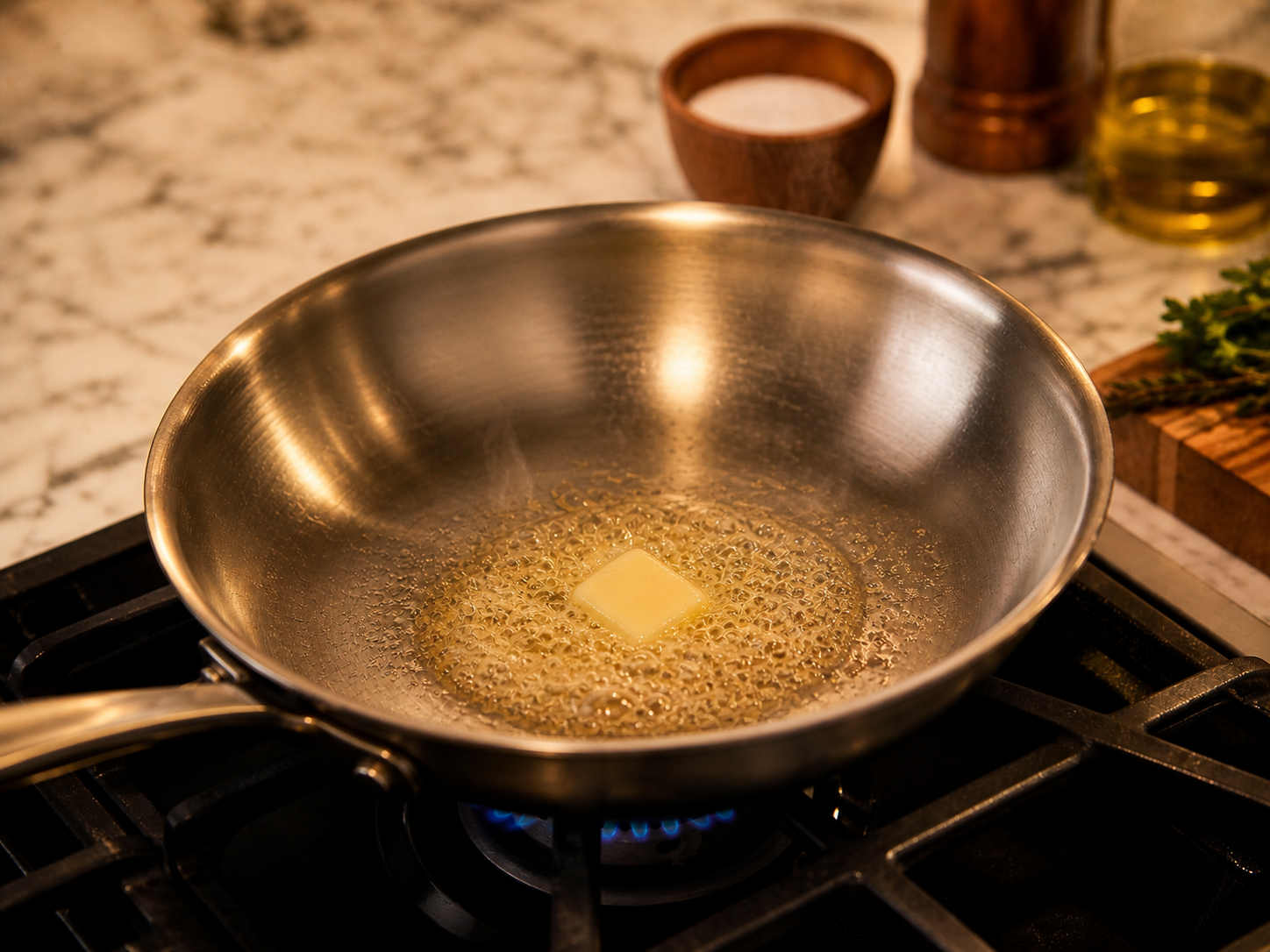 Non-stick skillet warming over medium heat with a light coating of butter — ready for the batter