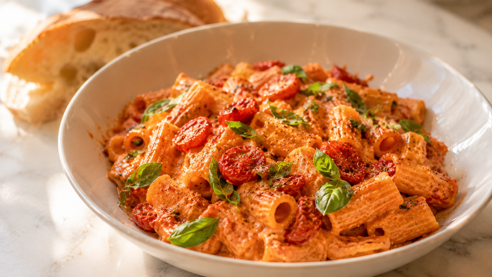 Close-up of baked feta pasta — creamy, tangy sauce coating every piece of rigatoni