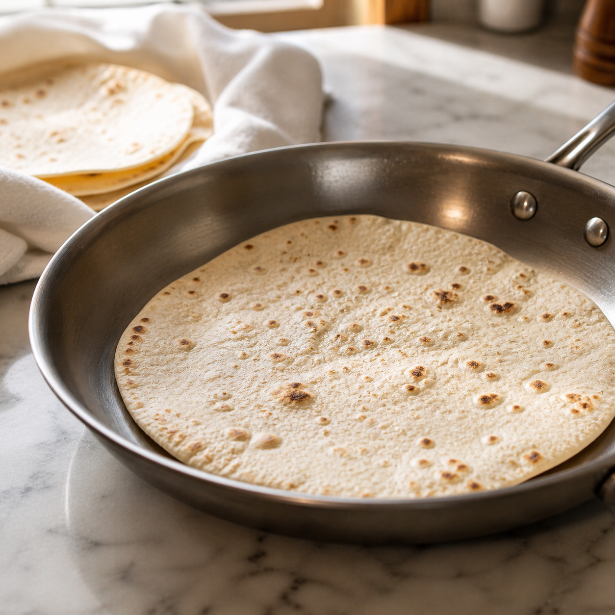 Flour tortilla warming in a dry skillet — pliable and ready to roll without cracking