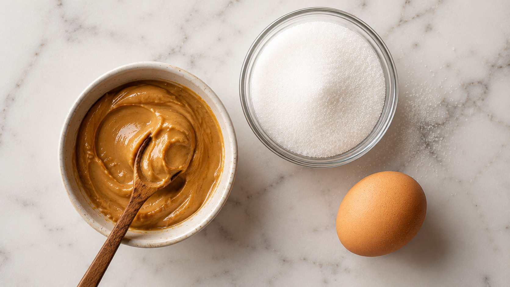 Three ingredients for peanut butter cookies laid out — jar of peanut butter, sugar and an egg