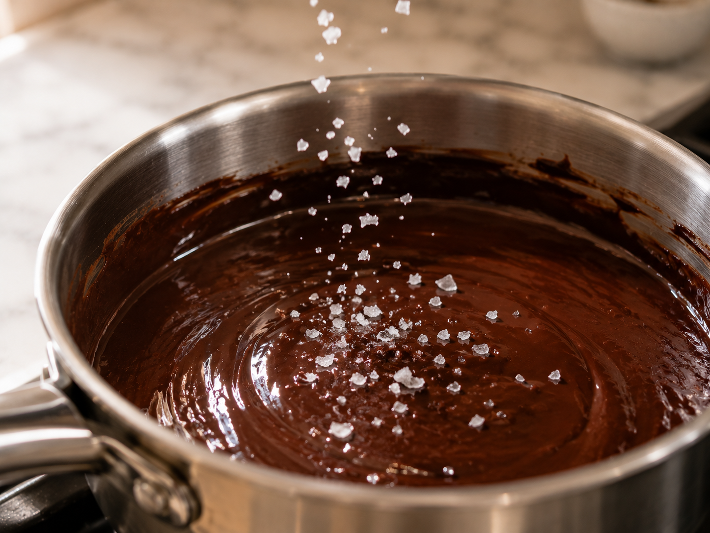 Salt and vanilla being stirred into the smooth chocolate fudge mixture in the saucepan