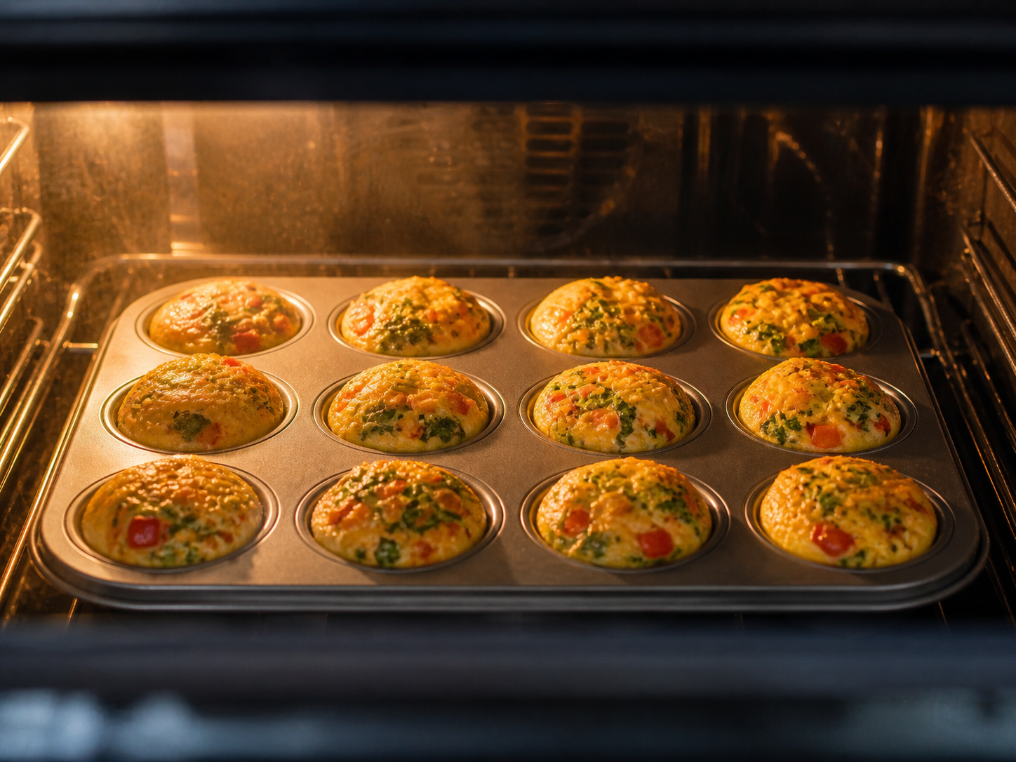 Egg muffins baking in the oven — tops puffed and golden, edges set and lightly browned