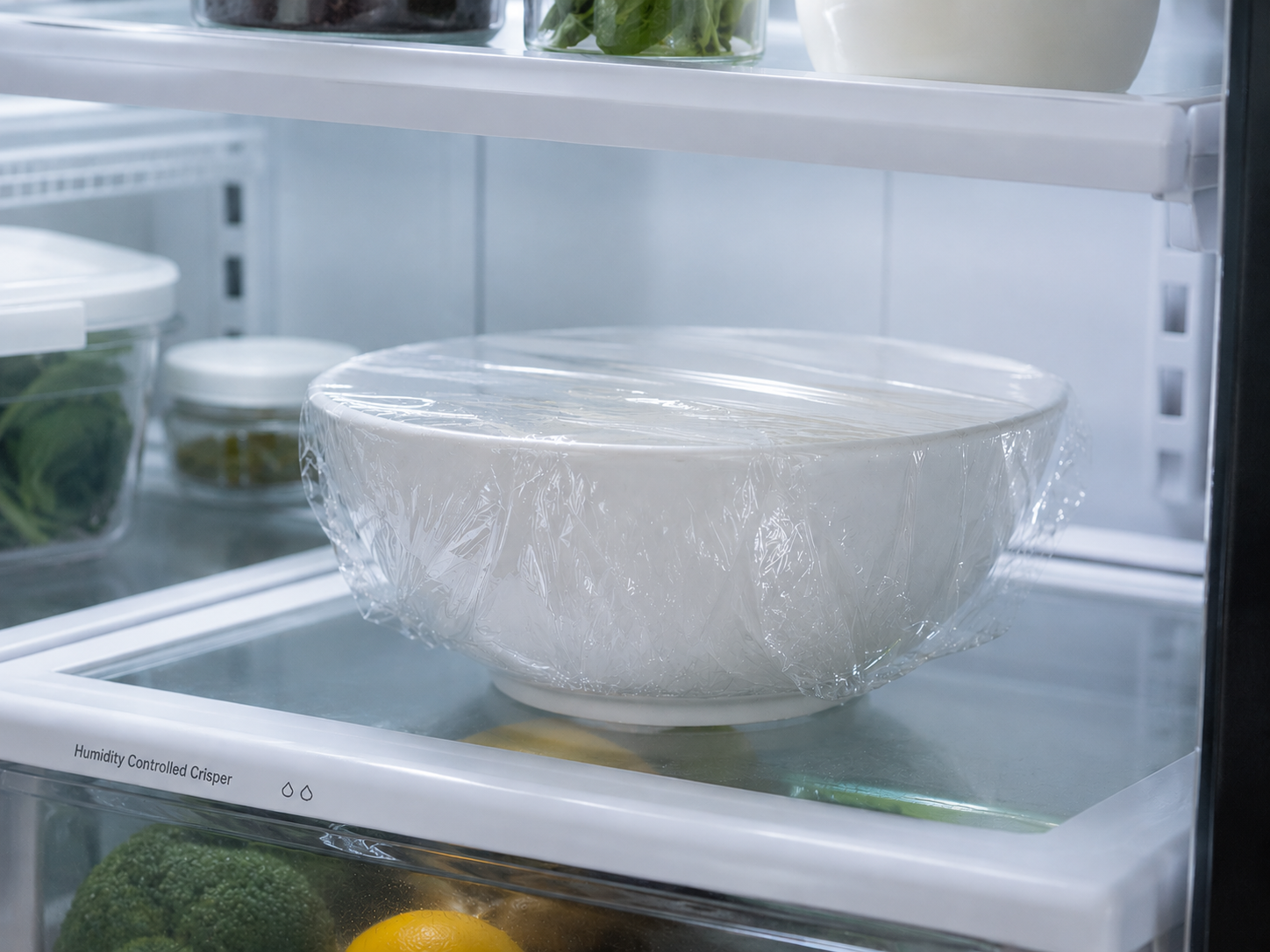 Chicken salad covered and chilling in the fridge to let the flavors come together