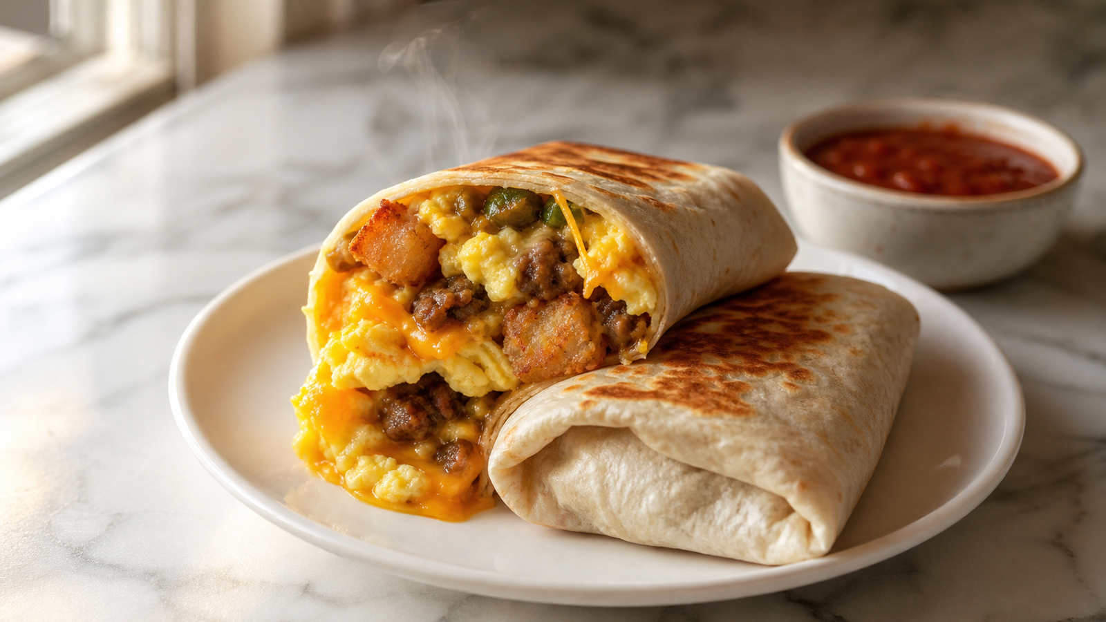 Freezer breakfast burritos wrapped in foil and stacked — loaded with eggs, sausage, tater tots and green chile