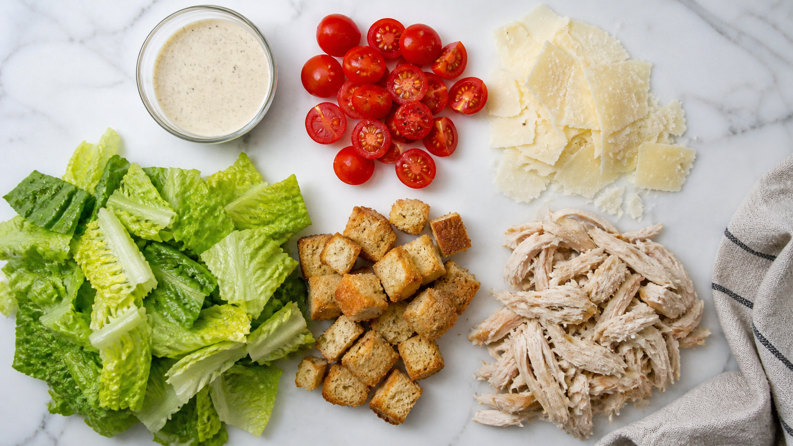 All Chicken Caesar mason jar salad ingredients laid out: romaine, grilled chicken, cherry tomatoes, Parmesan, croutons and Caesar dressing