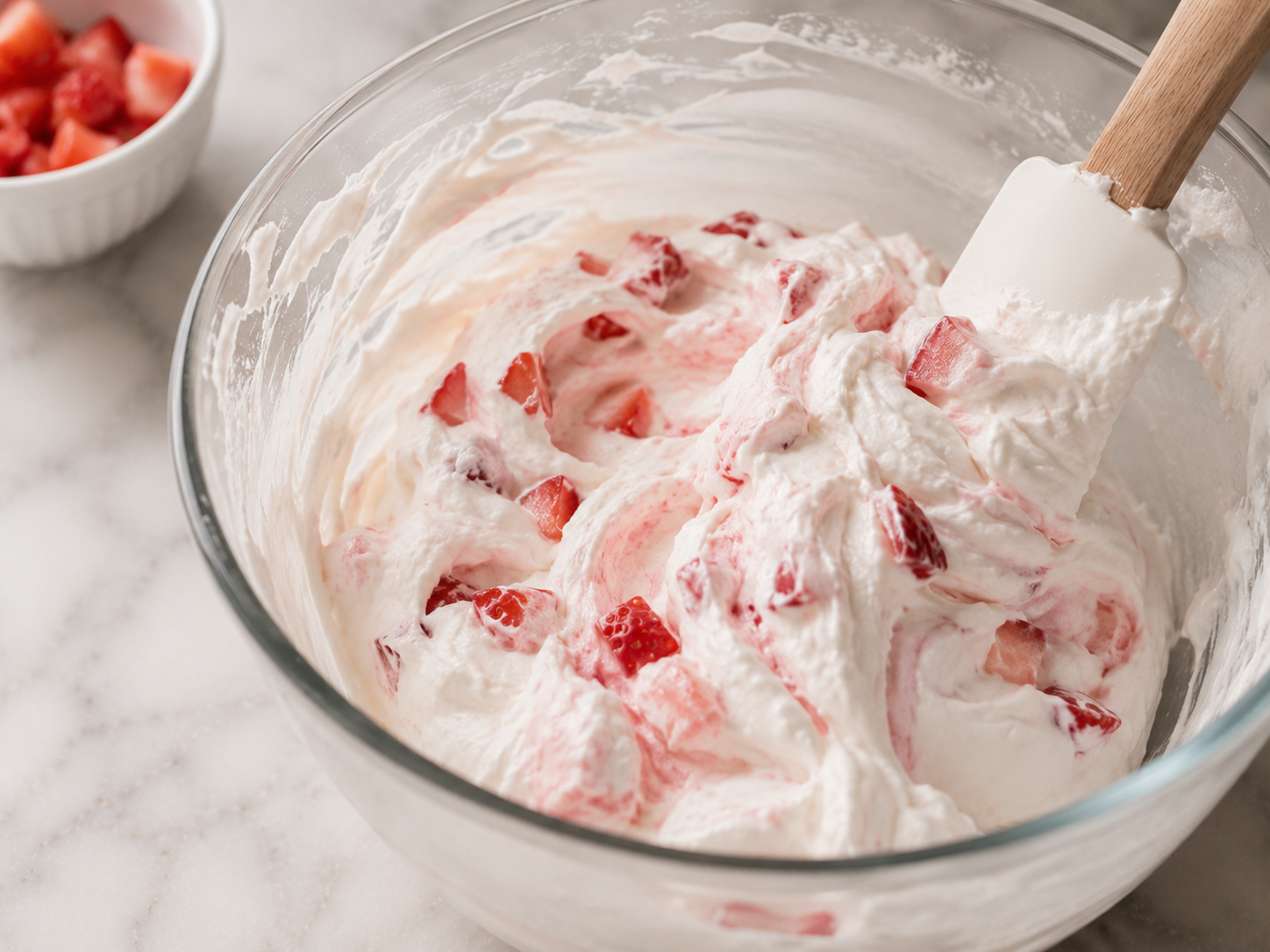 Whipped cream beaten to stiff peaks with diced fresh strawberries gently folded through
