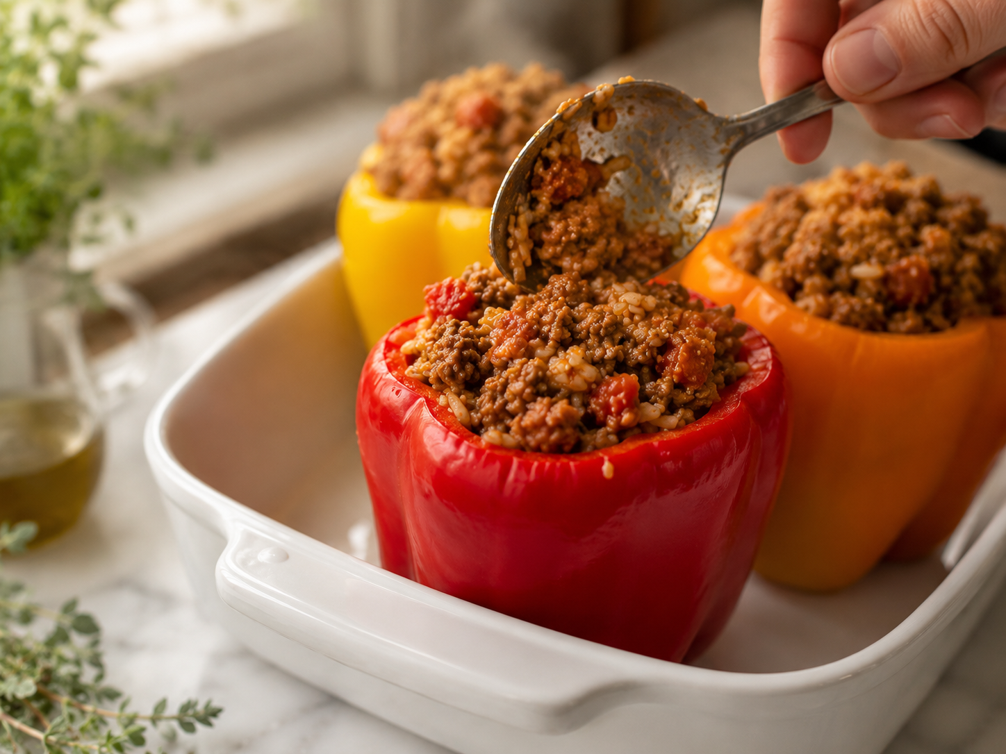 Spooning filling tightly into each pre-baked pepper — mounded slightly above the rim