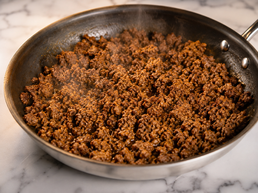 Seasoned ground beef cooking in a skillet — broken up and simmering with taco seasoning