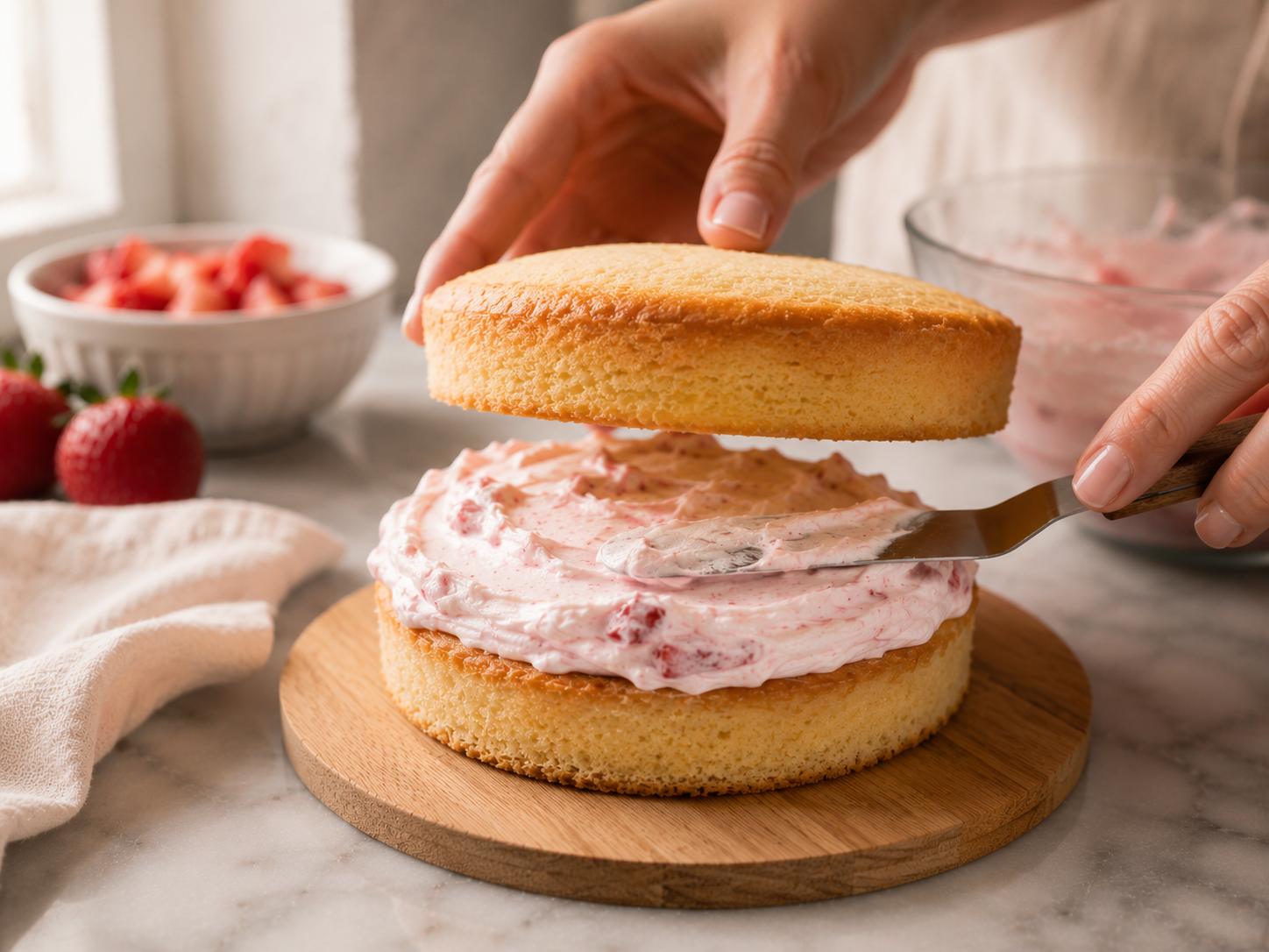 First cake layer topped with a generous spread of strawberry whipped cream — second layer placed on top