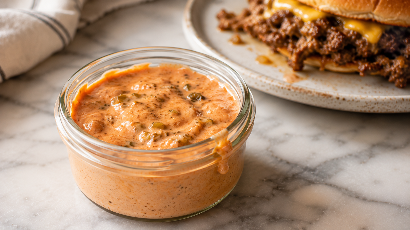 Smash burger sauce in a small jar — creamy, golden and ready to spread on a burger