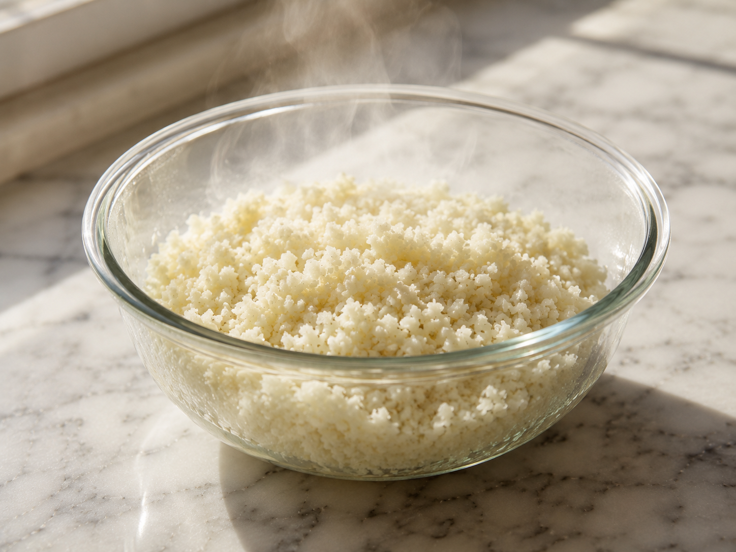 Riced cauliflower microwaved until soft and cooling in a bowl before squeezing
