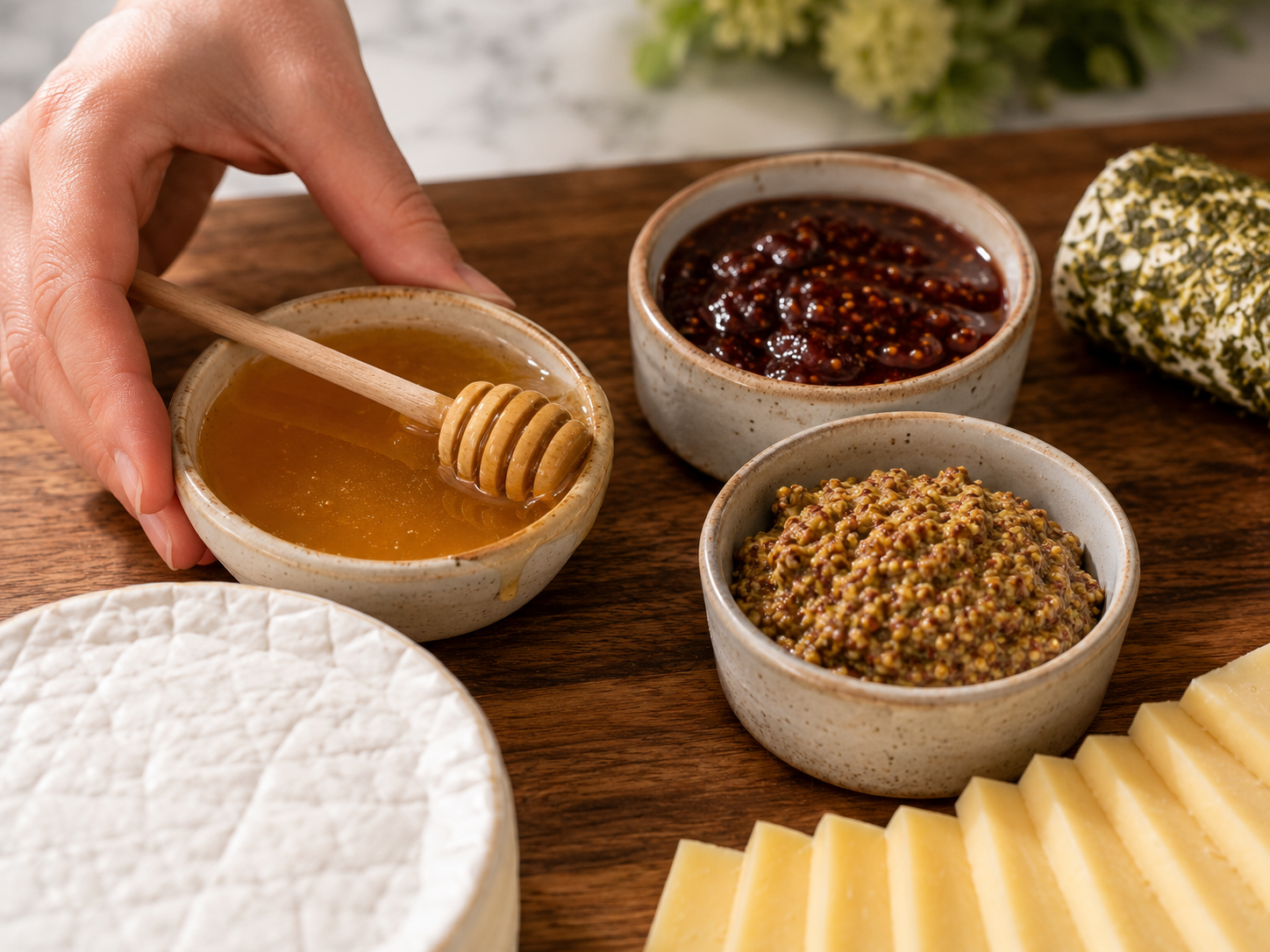 Small ceramic ramekins filled with honey, fig jam and grain mustard placed across the board for height and structure